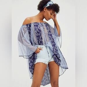 Free People Because I Love You Floral High-Low Top in Blue Floral Print